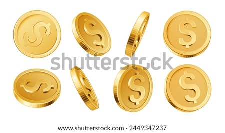 3D golden dollar coins. Realistic gold coin dollars different views. Gambling money saving and banking, investment financial cash symbol isolated vector set. Winning in lottery or casino