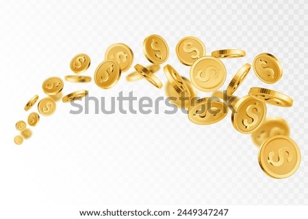 Golden coin flow. Realistic flying gold dollar coins, cash stream. Gambling and earnings, saving and winning jackpot casino 3D vector element. Shiny money jackpot, success and wealth concept