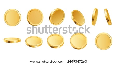 3D golden coins. Realistic blank yellow brass or gold coin different views. Payment and investment, bank and finance, money symbol isolated vector set. Glossy rotating currency animation