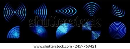 Wifi wave. 3d wifi blue neon light radial waves effect, abstract internet wireless glowing signal sign. Sound scan radar, mobile hotspot technology vector set. Digital technology, signal