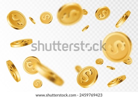 Golden coins explosion. Realistic flying gold coin splash, money rain with blurry motion effect. Treasure and earnings, saving and winning, jackpot casino 3D vector concept. Yellow dollar payment