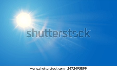 Sun in blue sky. Bright warm sun and lens flare in clear summer sky, sunlight with sunshine glare rays. Vector nature sunny spring landscape, bright sparkle burst