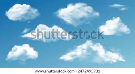 White clouds. Realistic 3d semi transparent cloud in blue sky. Summer rain clouds vector isolated set. Beautiful cloudscape with fluffy cumulus. Outdoor summer floating cloudy heavens