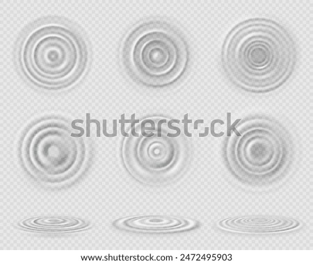 Ripple water circles. Concentric waves on transparent water from falling drops. Top and side view round swirls on puddle surface. Vector set isolated on aqua texture. Pure raindrops, wet surface