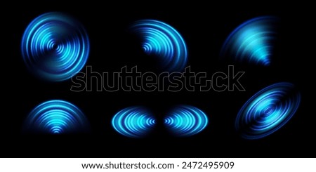 Sonar sound wave. Round light neon effect waves, concentric circle signal of radio station, Wi Fi sensor. Blue water ripple vector set. Network connection symbol. Internet signal isolated collection