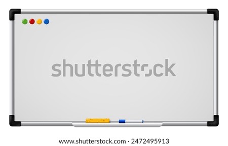 Whiteboard. 3d realistic school business office demonstration white board with round magnets, marker pen and sponge. Blank empty magnetic board vector mockup