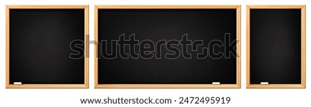 School blackboards. Black board with wooden frame, rectangular and square chalkboard. Blackboards with white chalk dirty texture. Classroom, restaurant menu board vector template