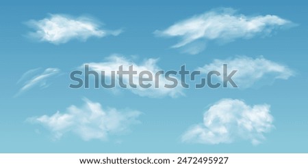 Realistic clouds. White 3d summer cloud in various shapes on blue sky background. Vapor rainclouds, noon mist clouding isolated vector set