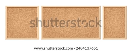 Cork board. Noticeboard with cork texture in square and rectangular wooden frame. Corkboard, blank pin board with brown grain texture for school or office announcement. Realistic 3d vector set