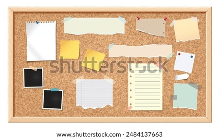 Notice board. Corkboard, noticeboard with blank ripped paper notes for message, memo pined stickers and photo frames. Information office wall border vector illustration.