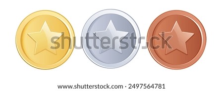 Game coins. Golden, silver and bronze metal coin or game chip with star, front view avers. 3d realistic vector isolated elements for online games, casino gambling prize