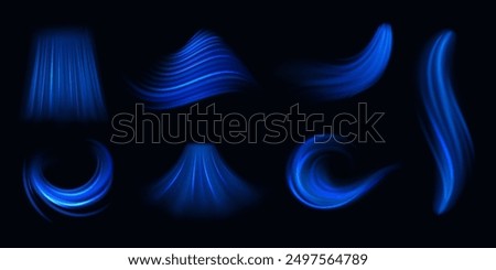 Air flow effect. Freezing airflow with shimmering blue light, wind or draft movement. Breeze or current with flickering, wind gust or conditioner whiff. Vector 3d realistic illustration.