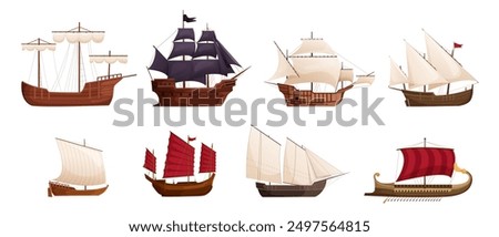 Old cartoon sailboats. Wooden ships, sailing ship, wind sail boat pirate frigate warship longboat simple schooner nave, traditional ancient sailboat sea galleon, ingenious vector set of boat old ship.