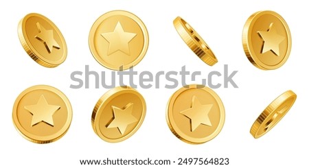 Golden coins 3D. Game gold coin, game chip with star shape turn around. Realistic vector isolated money elements for online gambling games, casino prize and investment concept.