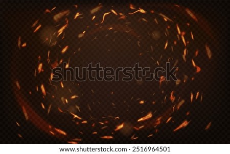 Fire sparks. Abstract fire circle light effect with sparks on black background, burning ring swirl motion frame, hole of inferno vector illustration.