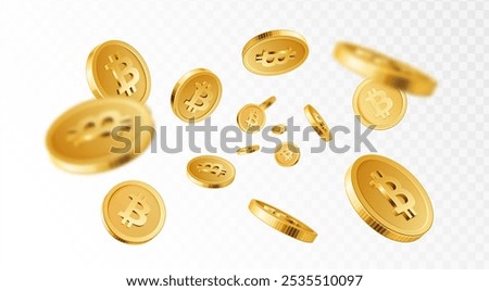 Bitcoin explosion. Cryptocurrency, electronic payments and blockchain. Golden 3D coins explosion, bitcoins splash. Vector isolated concept.