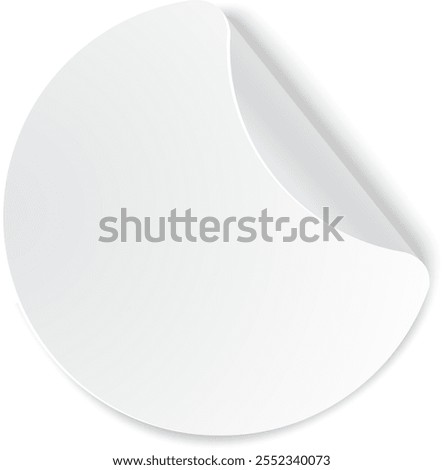 Round white blank sticker with folded corner lifting up, creating a three dimensional effect, ideal for showcasing designs or messages