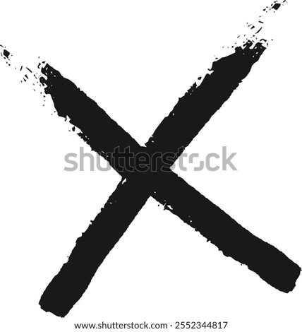 Two rough black brushstrokes are crossing each other creating a large x shape against a clean white background, conveying a message of rejection, cancellation, or disapproval