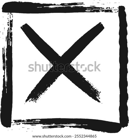 Black grunge cross painted with thick brushstrokes inside a hand drawn square frame, isolated on a white background, conveying a message of rejection or disapproval