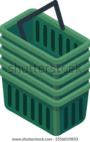 Five empty green shopping baskets stacked together, ready for eager shoppers to fill with groceries, creating an inviting scene for a bustling shopping day