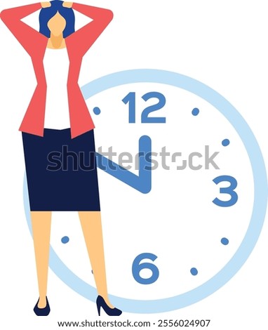 Stressed businesswoman holding her head in front of a large clock, illustrating deadline pressure, time management challenges, and anxiety over project milestones