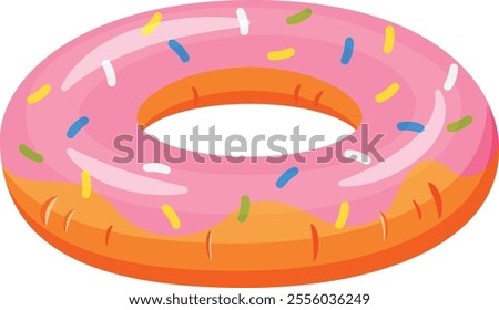 Large inflatable pink and orange donut shaped swimming pool float with colorful sprinkles isolated on white background, perfect for summer fun and relaxation