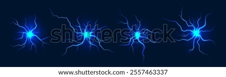 Lightning balls. Flash light thunder spark, electric blast storm or thunderbolt with radial rays. Sparking thunderbolt explosion. Plasma burst vector realistic set.