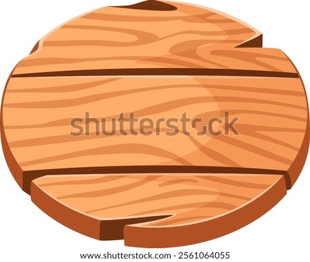 Cartoon illustration featuring a round wooden sign crafted from light brown planks, showcasing detailed wood grain patterns, set against a clean white background