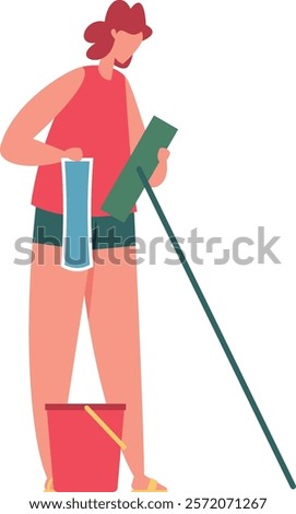 Cleaning service worker preparing cleaning tools for washing windows and other surfaces, holding a rag and a glass wiper with a bucket at her feet