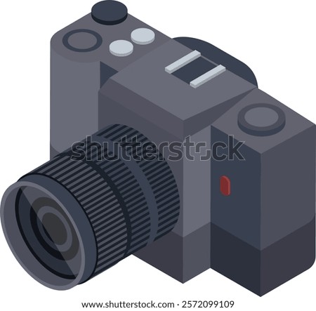 Isometric illustration of a professional digital SLR camera, showcasing its advanced features and highlighting its role in photography and videography