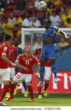 BRASILIA, BRAZIL - June 15, 2014: Paredes of Ecuador and Shaqiri of Switzerland compete for the ball at the World Cup game between Switzerland and Ecuador at Mane Garrincha Stadium. No Use in Brazil.
