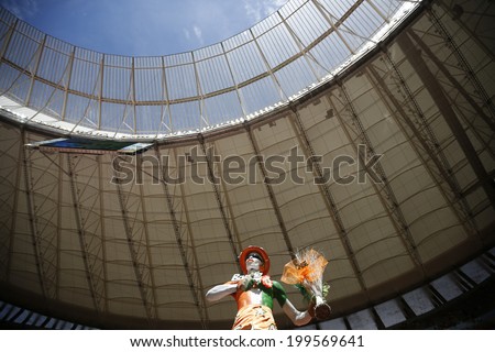 BRASILIA, BRAZIL - June 19, 2014: Soccer fans celebrating at the 2014 World Cup Group C game between Colombia and Ivory Coast at Estadio Nacional. NO USE IN BRAZIL.