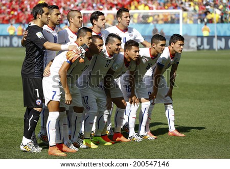 SAO PAOLO, BRAZIL - JUNE 23, 2014: Team Chile posing for a photo before the World Cup Group B game between the Netherlands and Chile at the Arena Corinthians. NO USE IN BRAZIL.