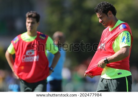 RIO DE JANEIRO, BRAZIL - July 2, 2014: Fred of the Brazil national football team practicing at Granja Comary training camp in Teresopolis, RJ. NO USE IN BRAZIL.