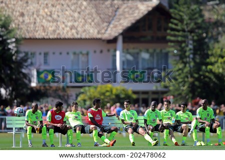 RIO DE JANEIRO, BRAZIL - July 2, 2014: The Brazil national football team practicing at Granja Comary training camp in Teresopolis, RJ. NO USE IN BRAZIL.