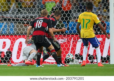 BELO HORIZONTE, BRAZIL - July 8, 2014: Klose of Germany scores a goal during the 2014 World Cup Semi-finals game between Brazil and Germany at Mineirao Stadium. NO USE IN BRAZIL.