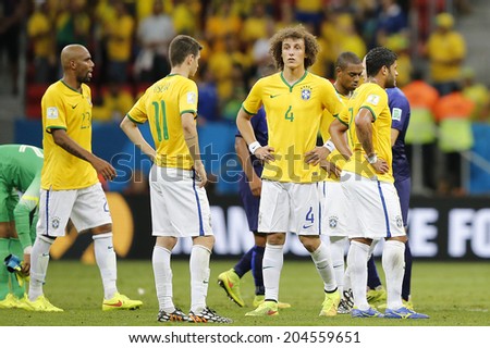BRASILIA, BRAZIL - JULY 12, 2014: Players of Brazil during the World Cup Third place game between Brazil and the Netherlands in the Estadio Nacional. NO USE IN BRAZIL.
