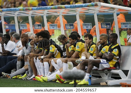 BRASILIA, BRAZIL - JULY 12, 2014: Substitute players of Brazil during the World Cup Third place game between Brazil and the Netherlands in the Estadio Nacional. NO USE IN BRAZIL.