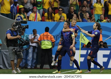 BRASILIA, BRAZIL - JULY 12, 2014: Van Persie of Netherlands celebrates during the World Cup Third place game between Brazil and the Netherlands in the Estadio Nacional. NO USE IN BRAZIL.