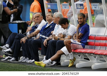 BRASILIA, BRAZIL - JULY 12, 2014: Neymar of Brazil during the World Cup Third place game between Brazil and the Netherlands in the Estadio Nacional. NO USE IN BRAZIL.