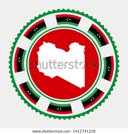 Libya flat stamp. Round logo with map and flag of Libya. Vector illustration.