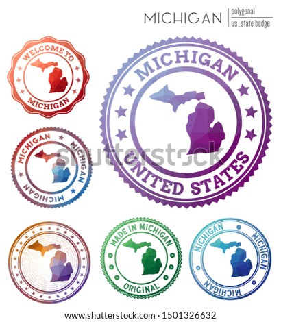 Michigan badge. Colorful polygonal us state symbol. Multicolored geometric Michigan logos set. Vector illustration.