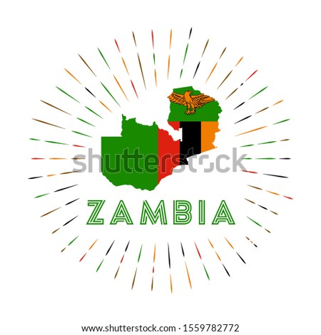 Zambia sunburst badge. The country sign with map of Zambia with Zambian flag. Colorful rays around the logo. Vector illustration.