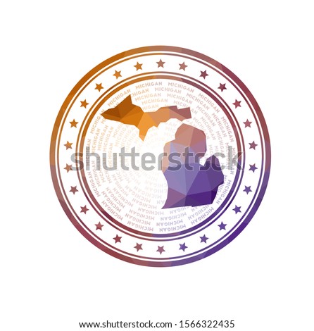 Flat low poly stamp of Michigan. Polygonal Michigan badge. Trendy vector logo of the us state.