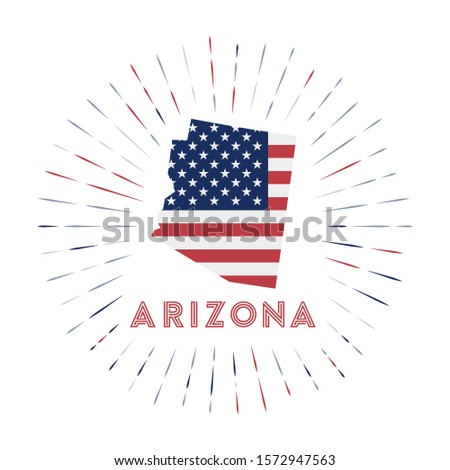 Arizona sunburst badge. The us state sign with map of Arizona with American flag. Colorful rays around the logo. Vector illustration.