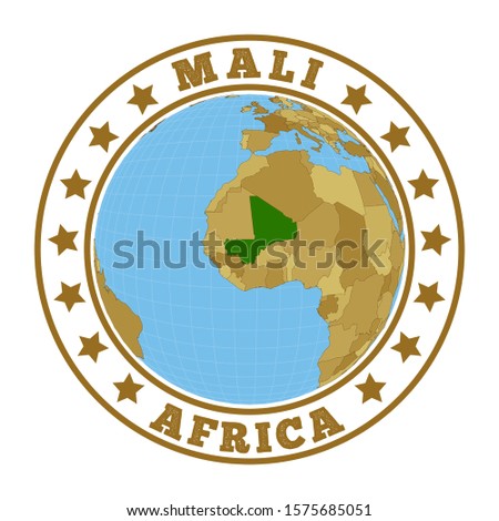 Mali logo. Round badge of country with map of Mali in world context. Country sticker stamp with globe map and round text. Vector illustration.