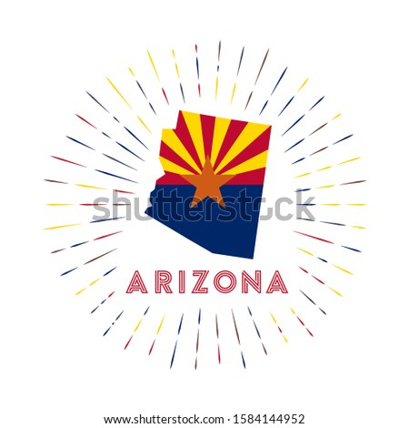 Arizona sunburst badge. The us state sign with map of Arizona with state flag. Colorful rays around the logo. Vector illustration.