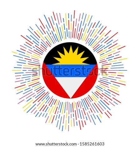 Antigua sign. Country flag with colorful rays. Radiant sunburst with Antigua flag. Vector illustration.