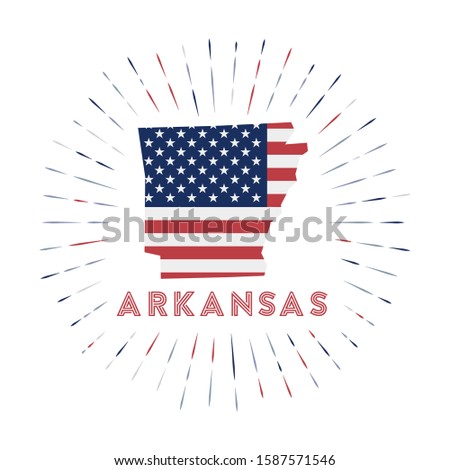 Arkansas sunburst badge. The us state sign with map of Arkansas with American flag. Colorful rays around the logo. Vector illustration.