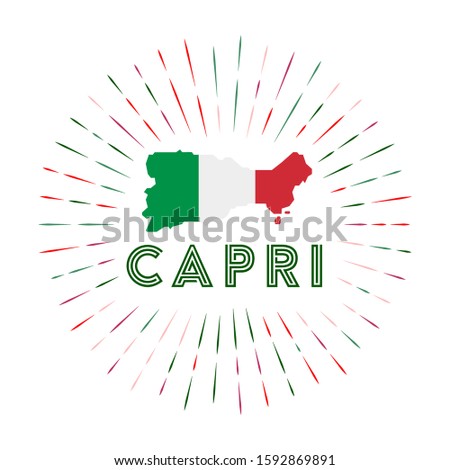 Capri sunburst badge. The island sign with map of Capri with Italian flag. Colorful rays around the logo. Vector illustration.